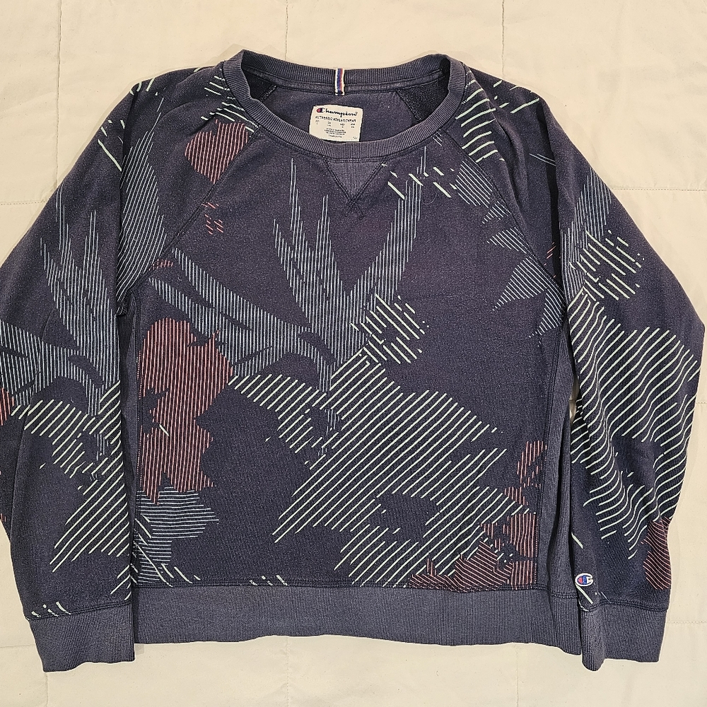 Women's Champion Sweatshirt Navy Blue with Neon Palm Leaves Size L